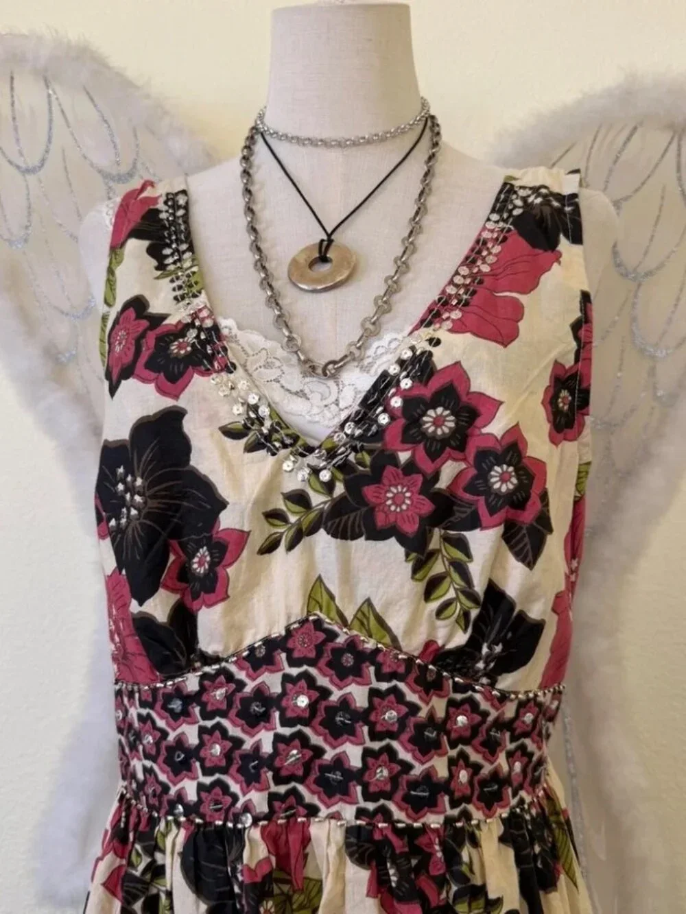 Earthy Mori Girl Whimsy Twee Floral Cotton Sequin V-Neck Dress‎ Sparkly Babydoll